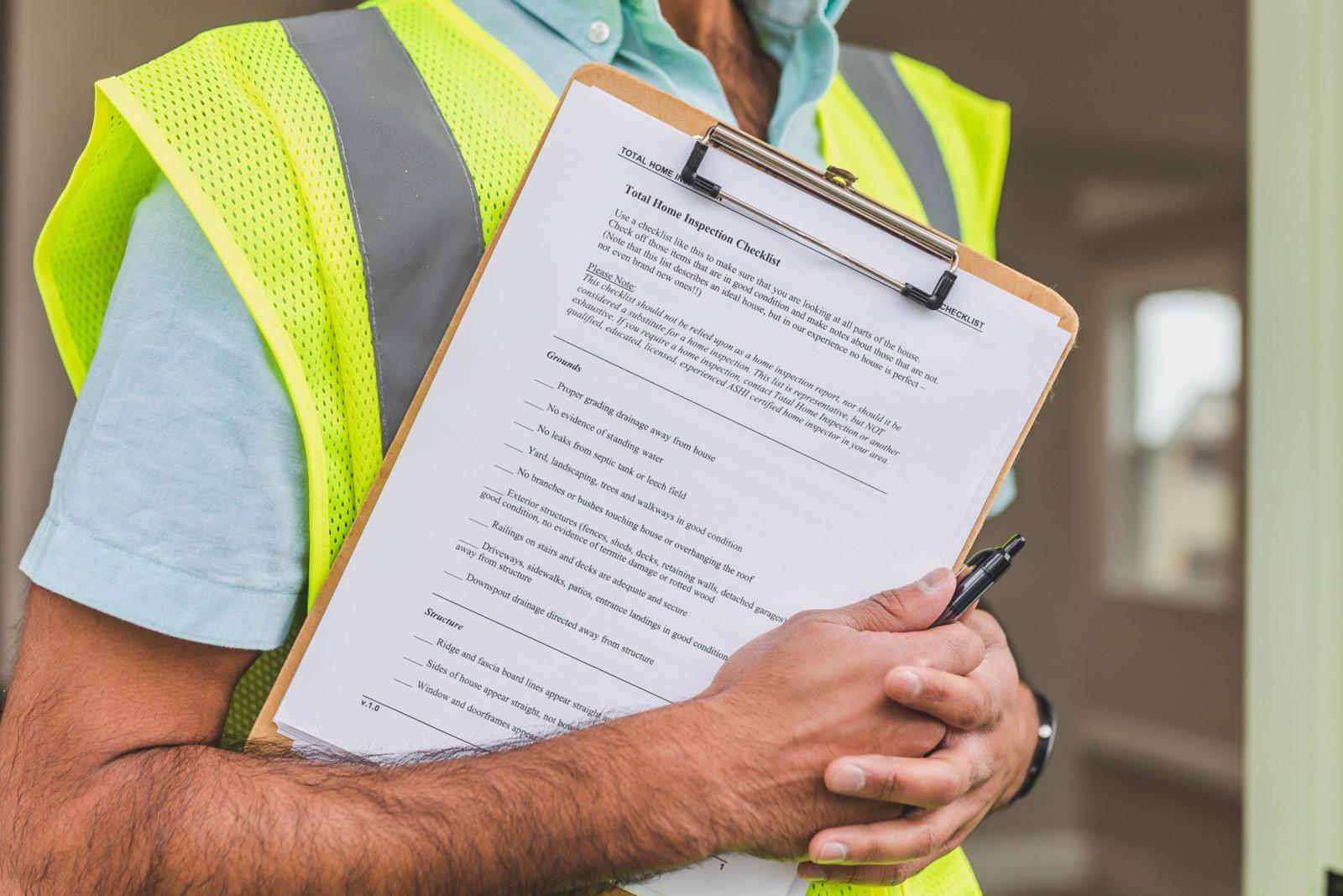 Home inspector writing on a checklist while wearing a reflective safety vest