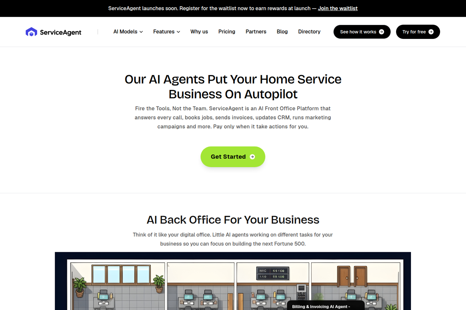 Screenshot of the ServiceAgent landing page