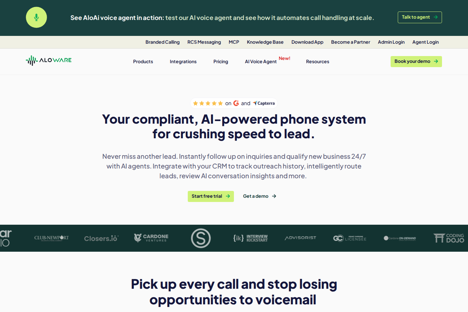 Screenshot of the Aloware landing page