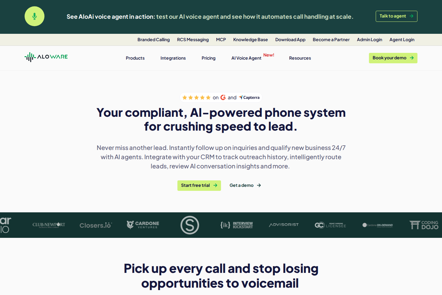 Screenshot of the Aloware landing page