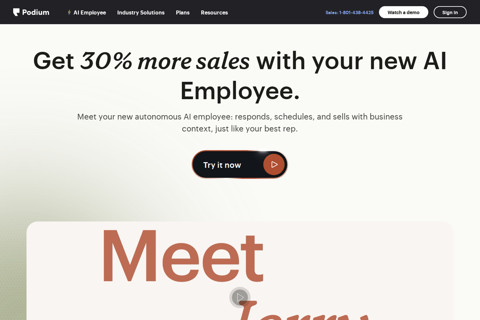 Screenshot of the Podium AI landing page