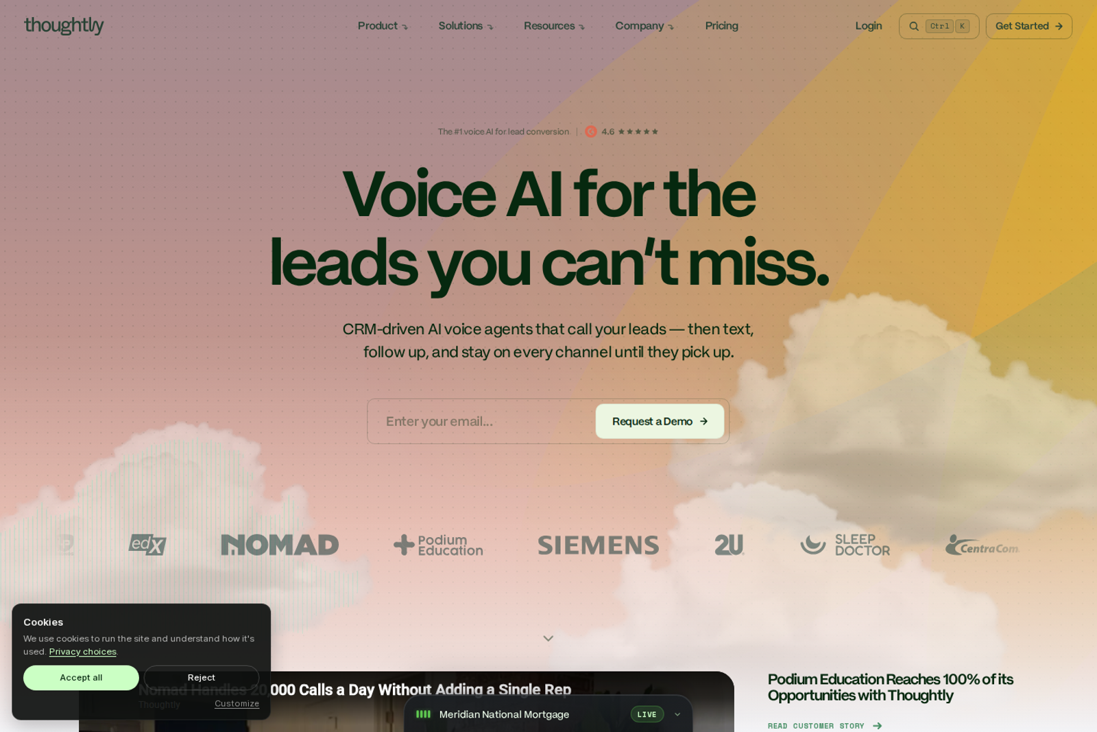 Screenshot of the Thoughtly homepage