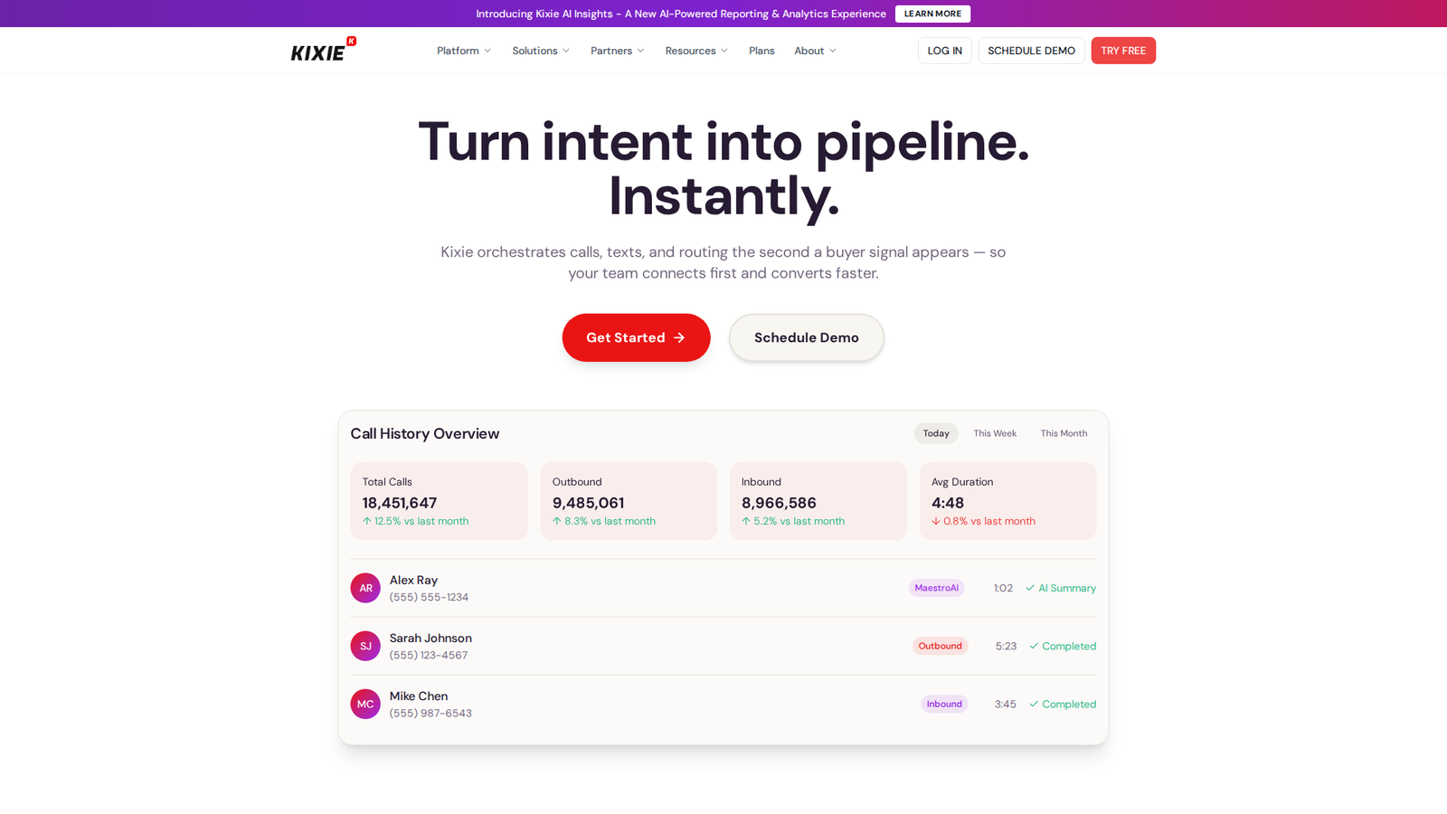 Screenshot of the Kixie homepage