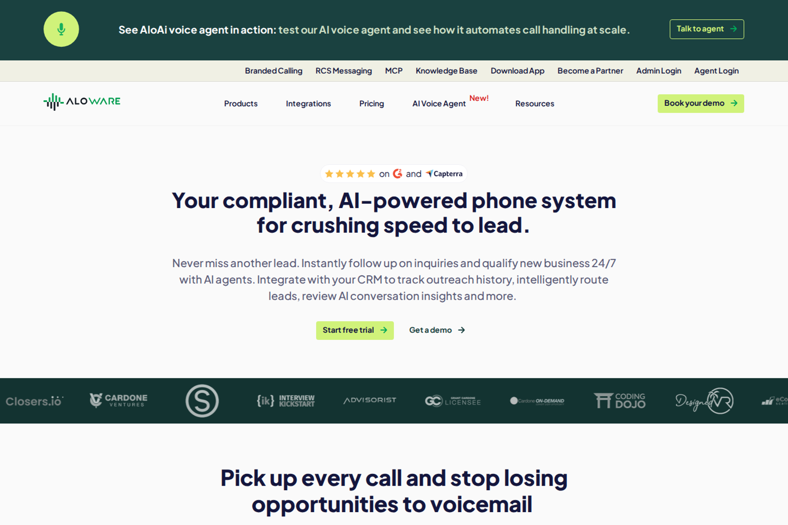 Screenshot of the Aloware landing page