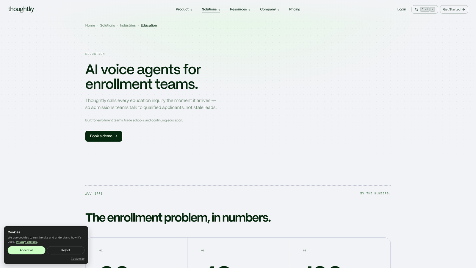 Screenshot of the Thoughtly education solutions page