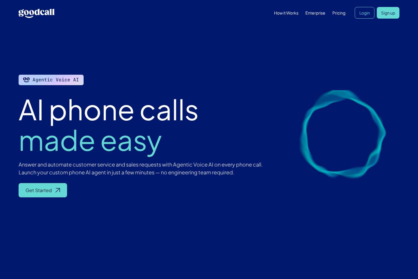 Screenshot of the Goodcall homepage showing their AI phone agent for businesses