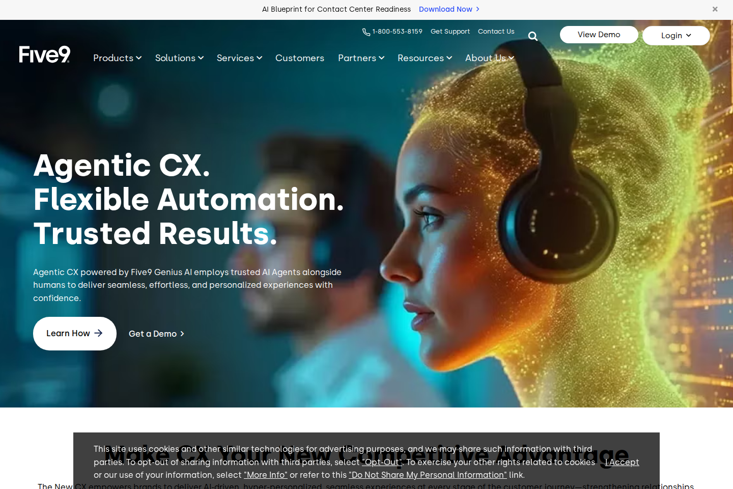 Screenshot of the Five9 homepage showing Agentic CX and contact center positioning