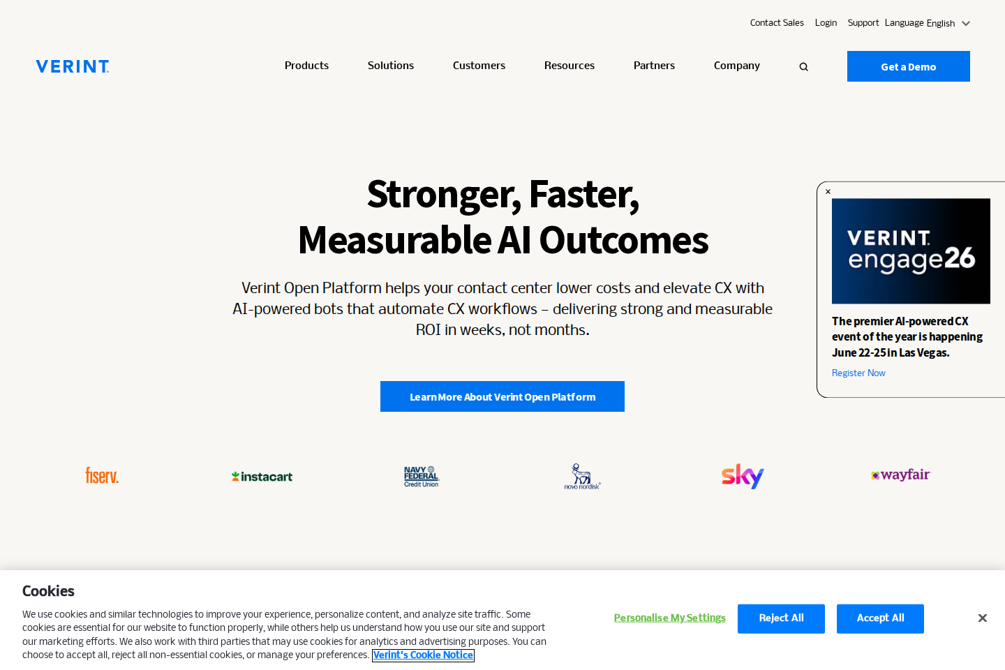 Screenshot of the Verint homepage