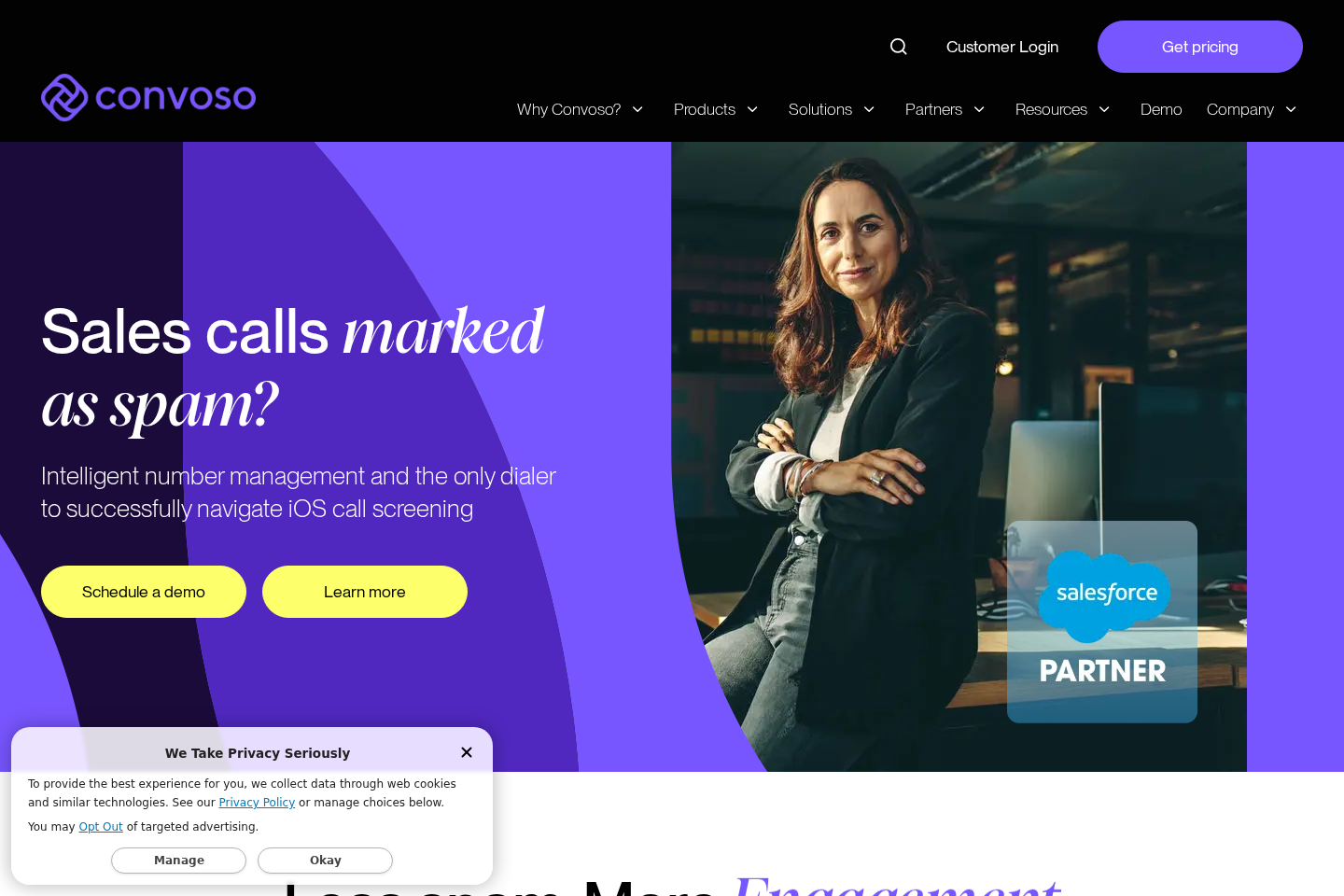 Screenshot of the Convoso landing page showing outbound dialer platform with Convoso Ignite