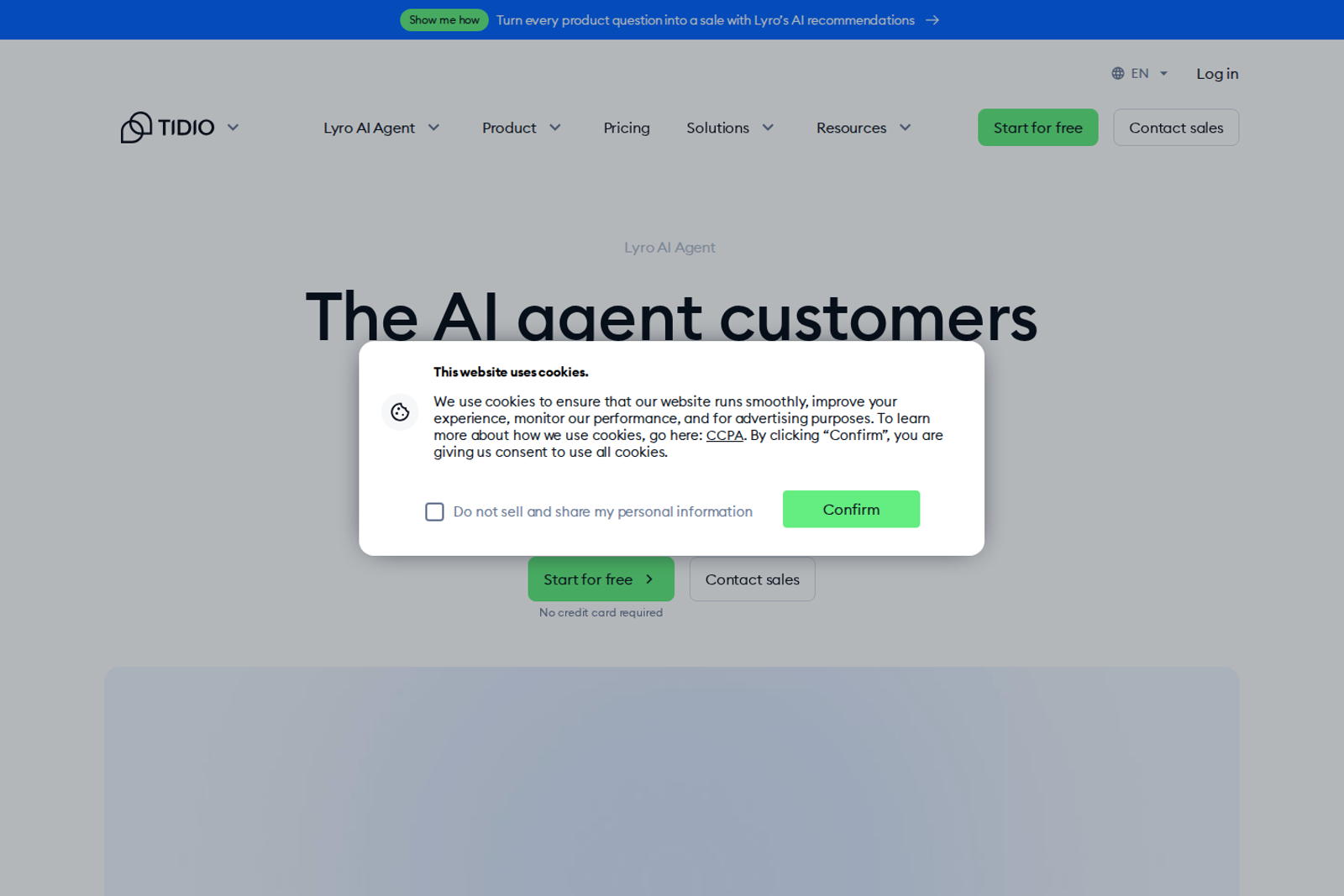 Screenshot of the Tidio Lyro AI landing page
