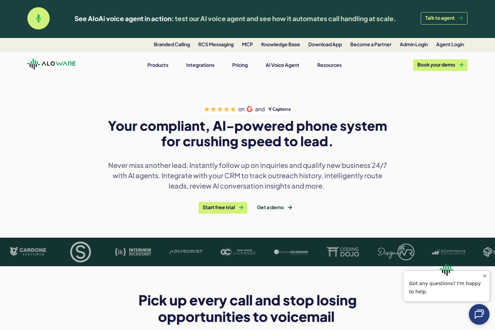 Screenshot of the Aloware landing page