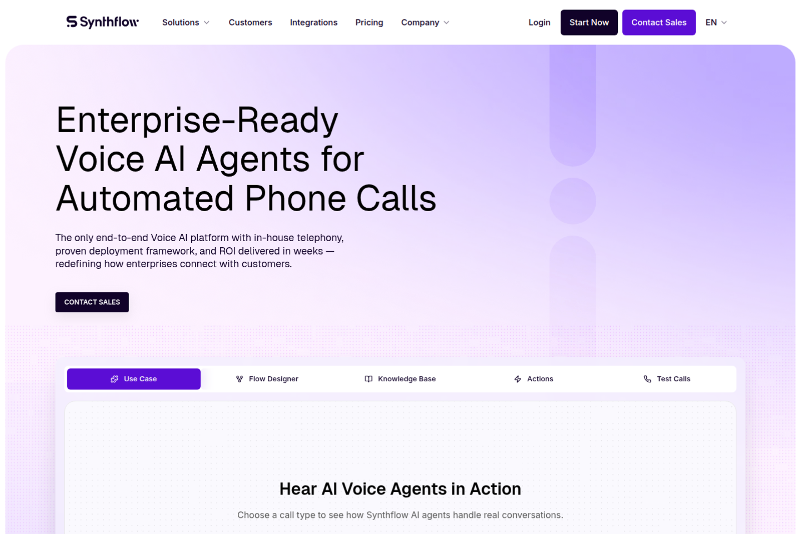 Screenshot of the Synthflow AI landing page