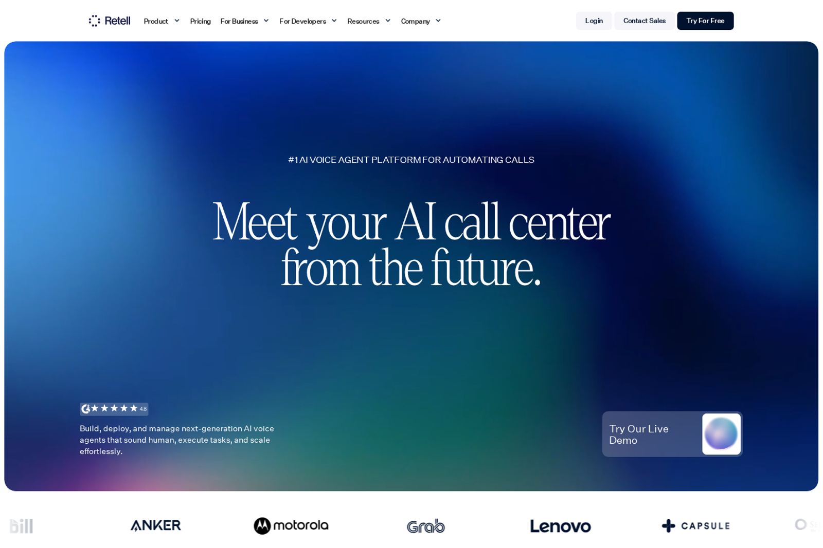 Screenshot of the Retell AI landing page