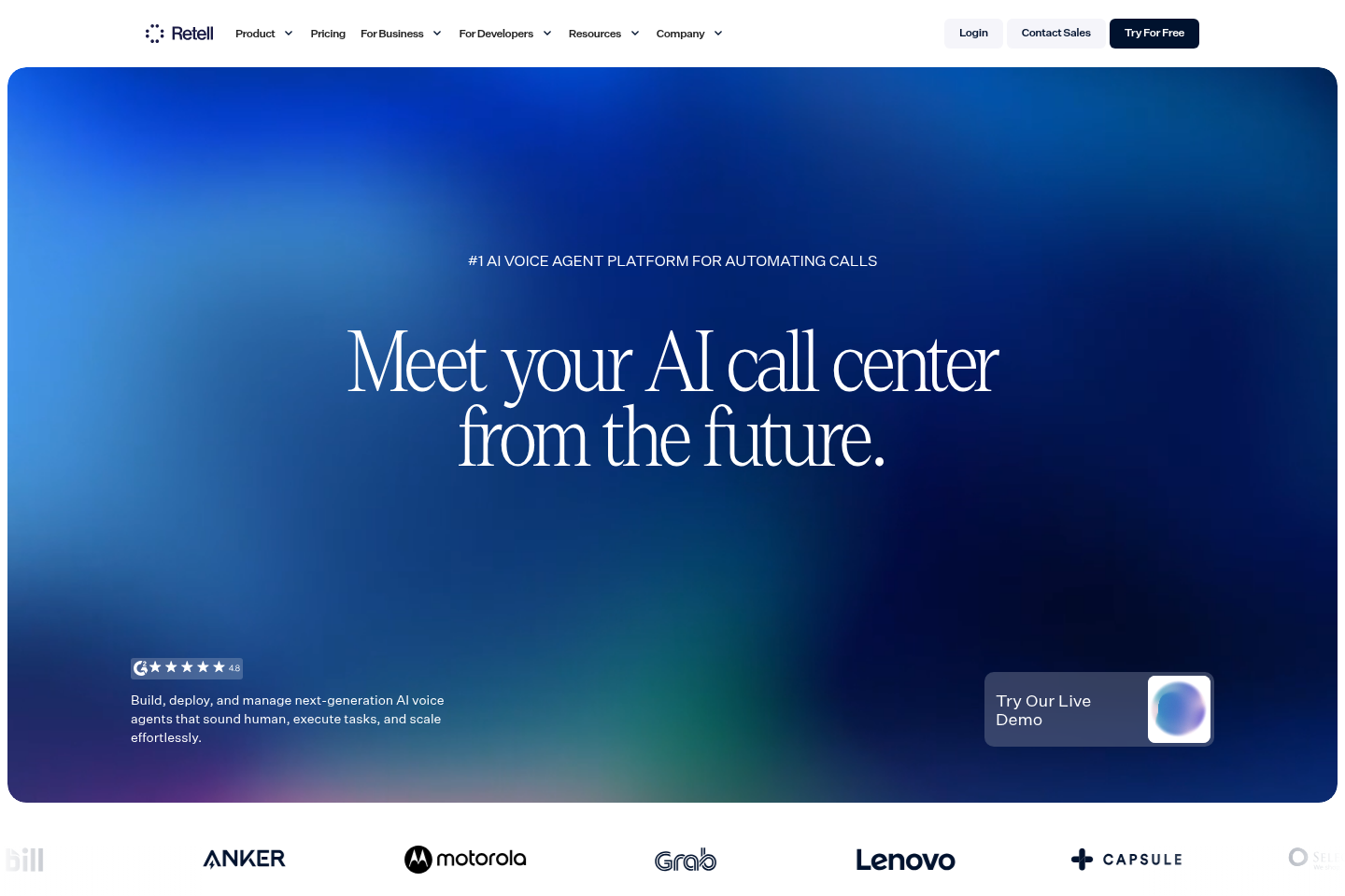 Screenshot of the Retell AI landing page