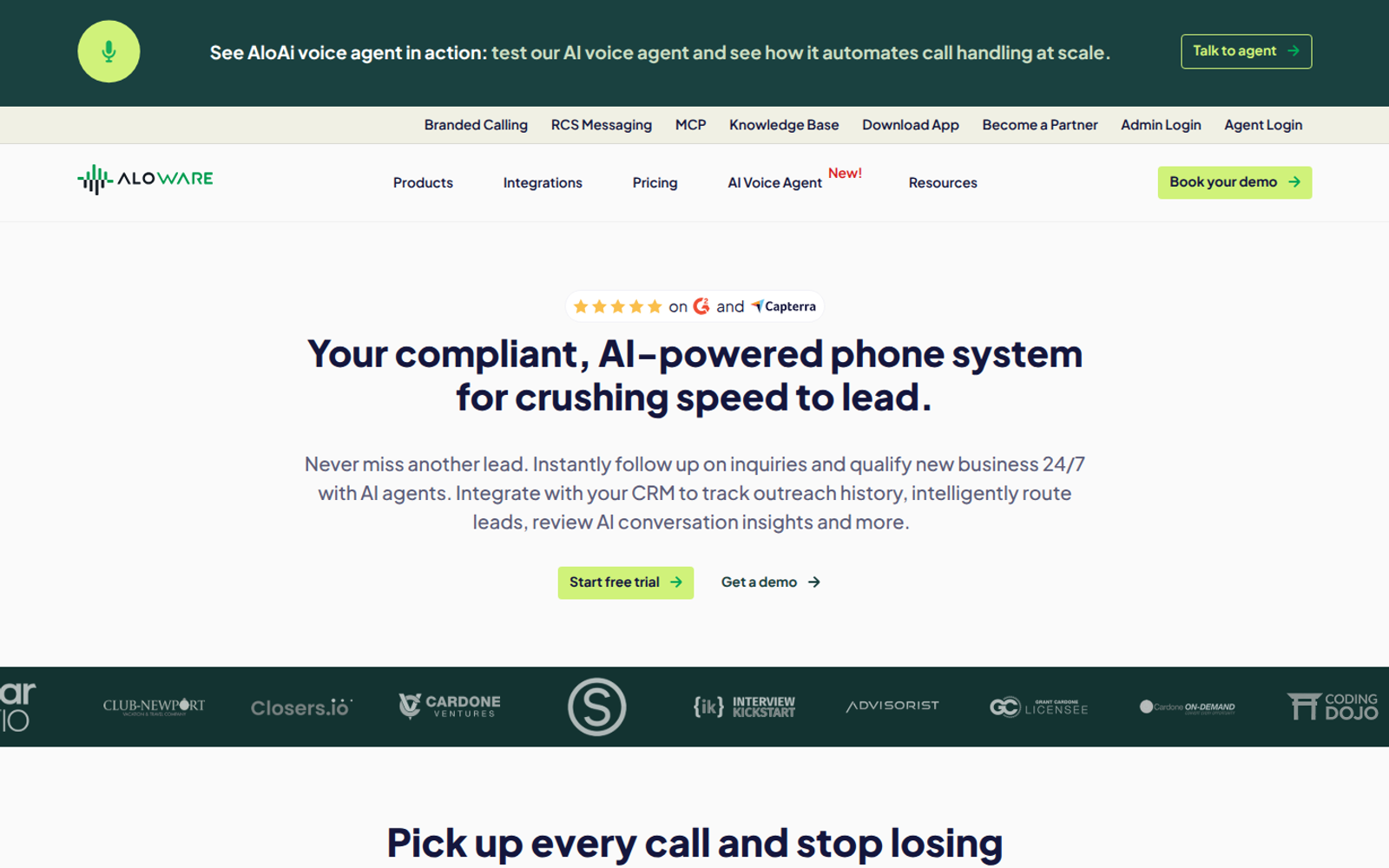 Screenshot of the Aloware AI voice agent page