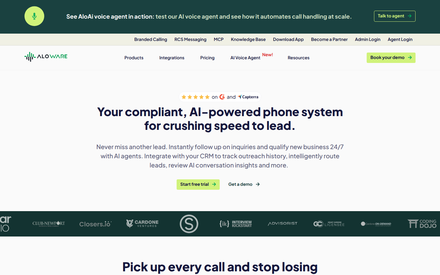 Screenshot of the Aloware AI voice agent page