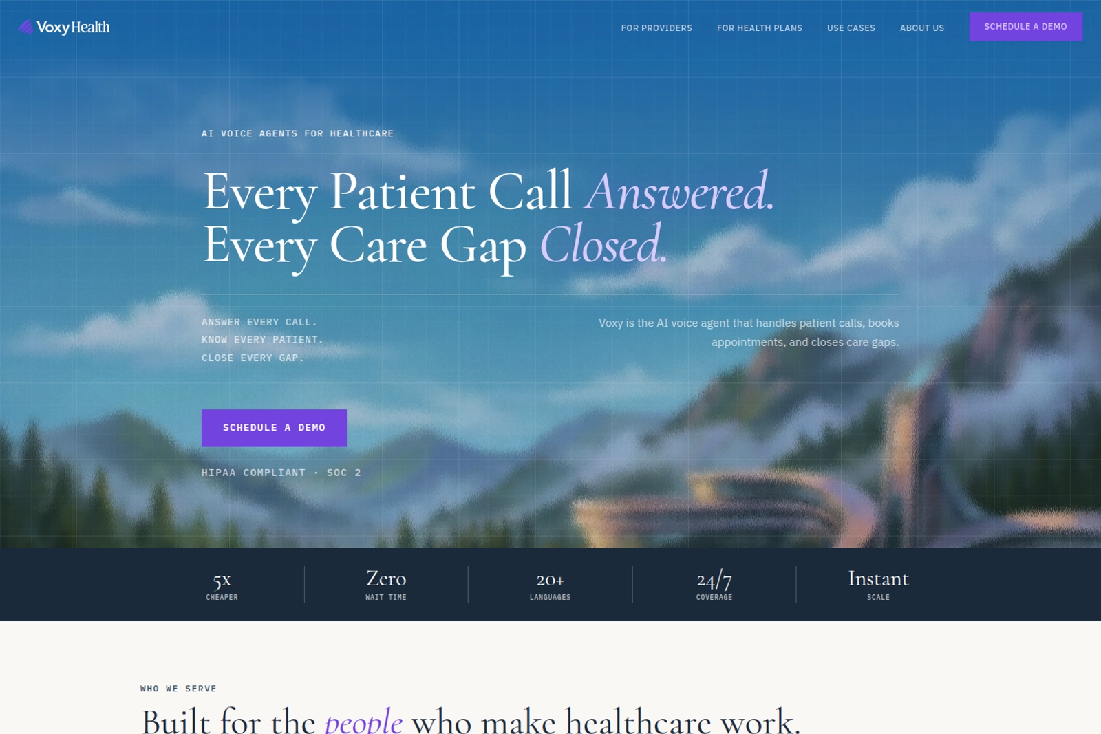 Screenshot of the VoxyHealth healthcare voice AI page