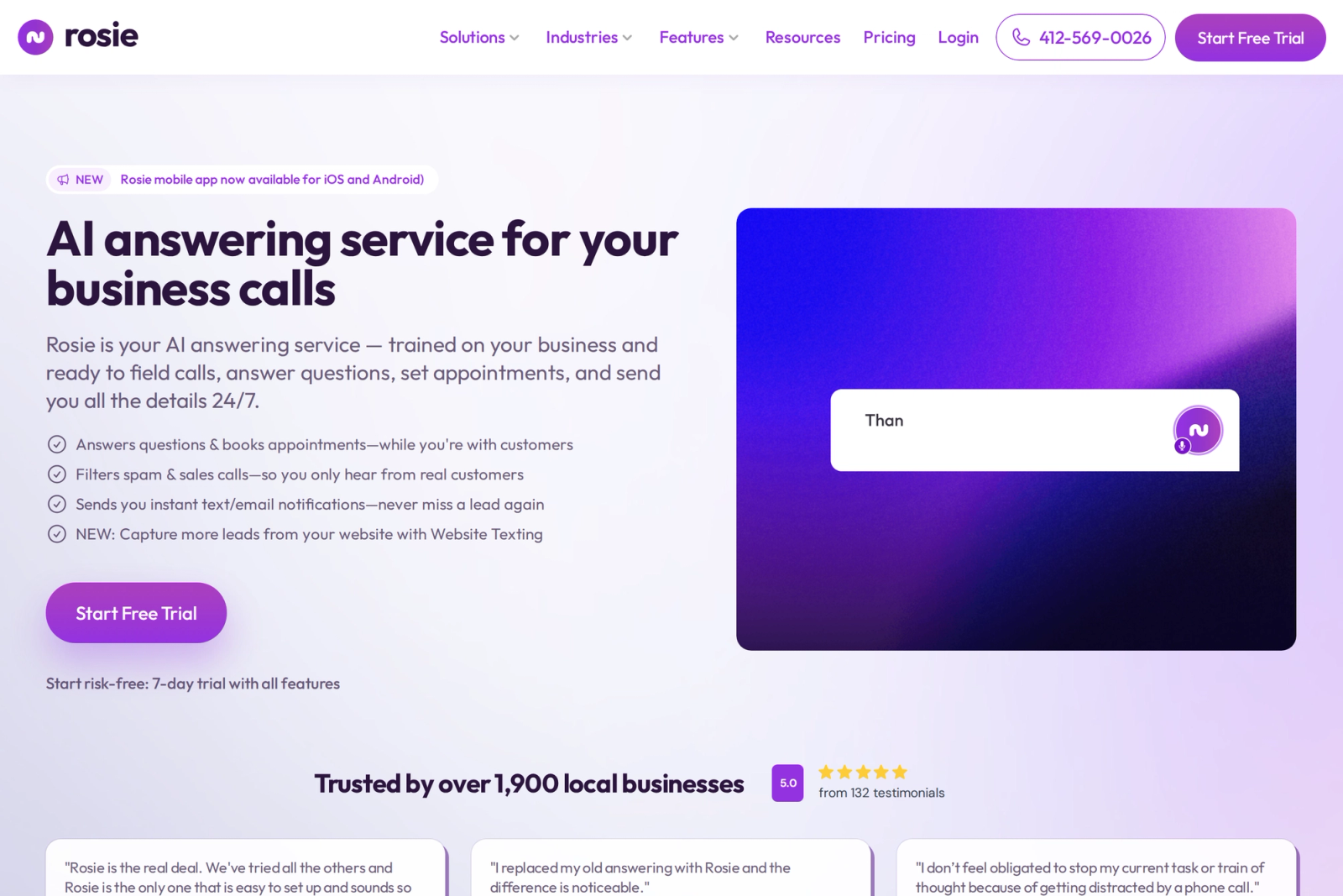 Screenshot of the Rosie AI (HeyRosie) landing page