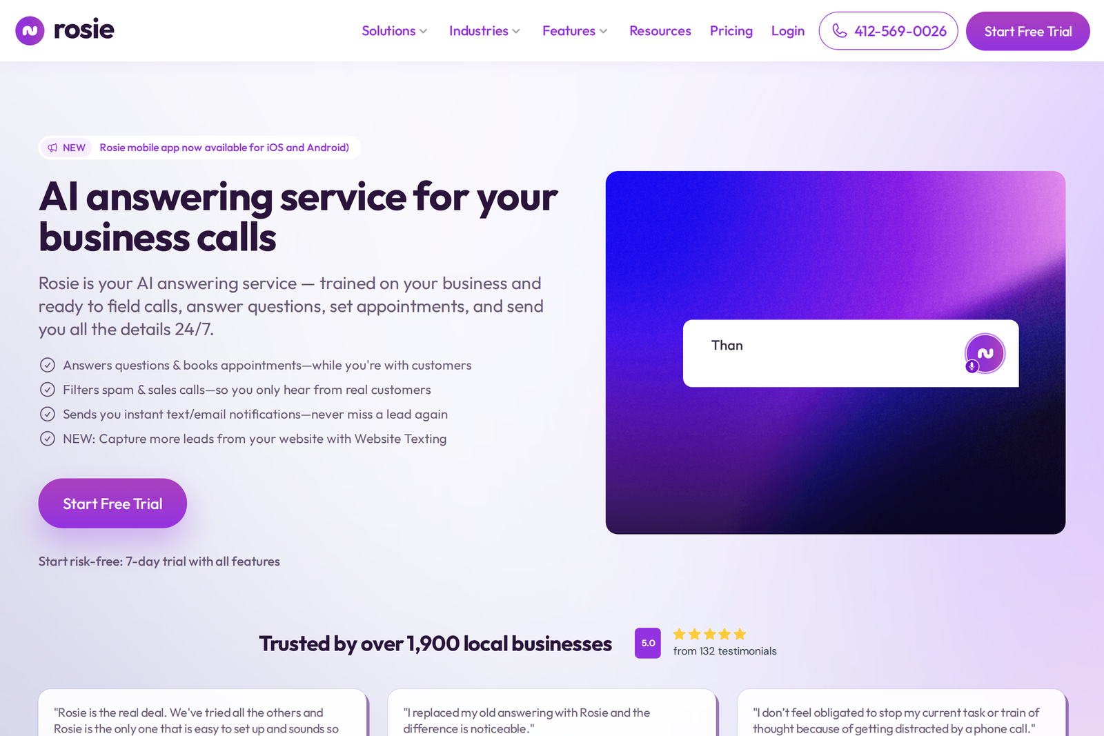 Screenshot of the Rosie AI (HeyRosie) landing page
