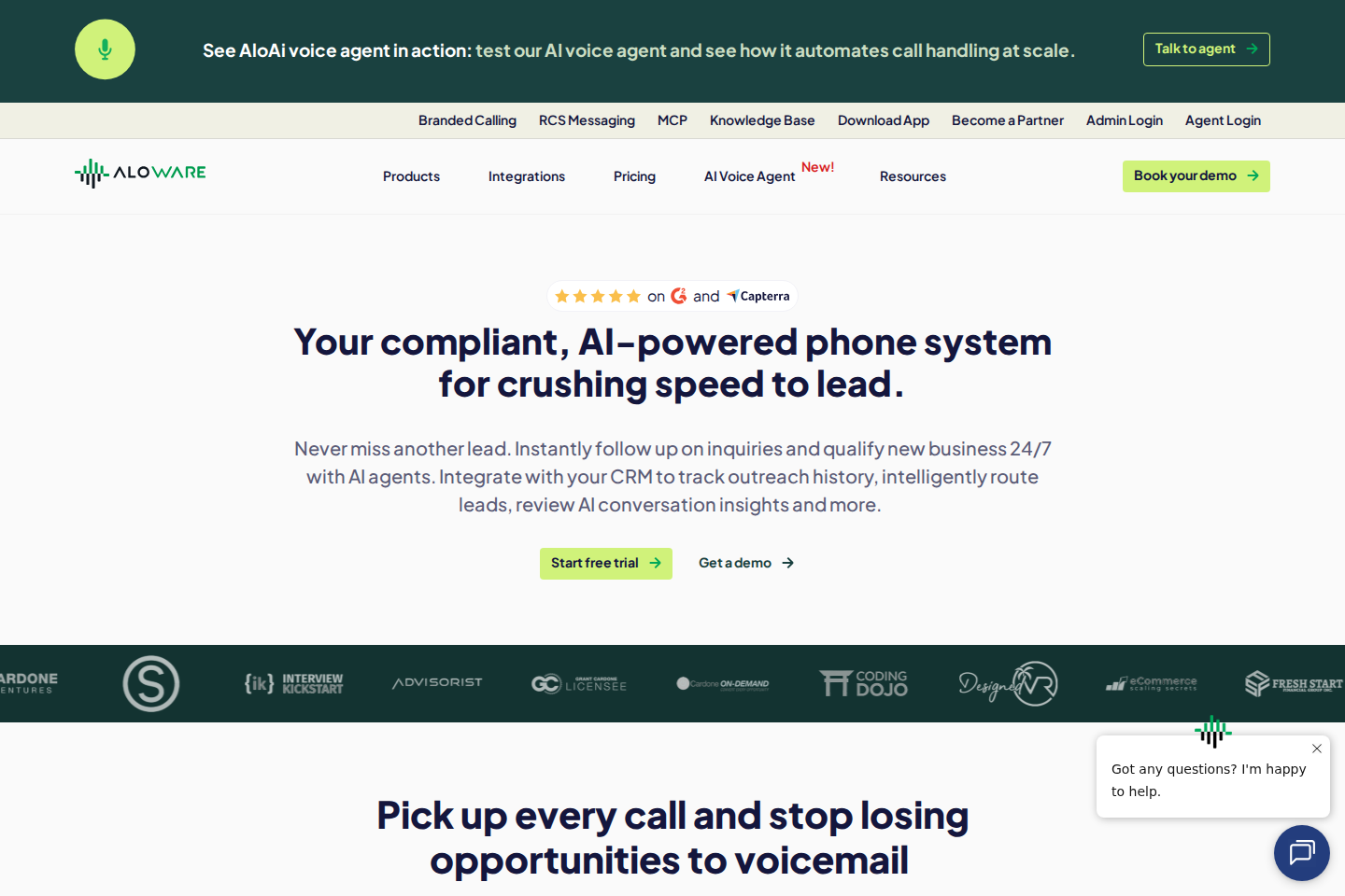 Screenshot of the Aloware website — AI-powered contact center for sales teams