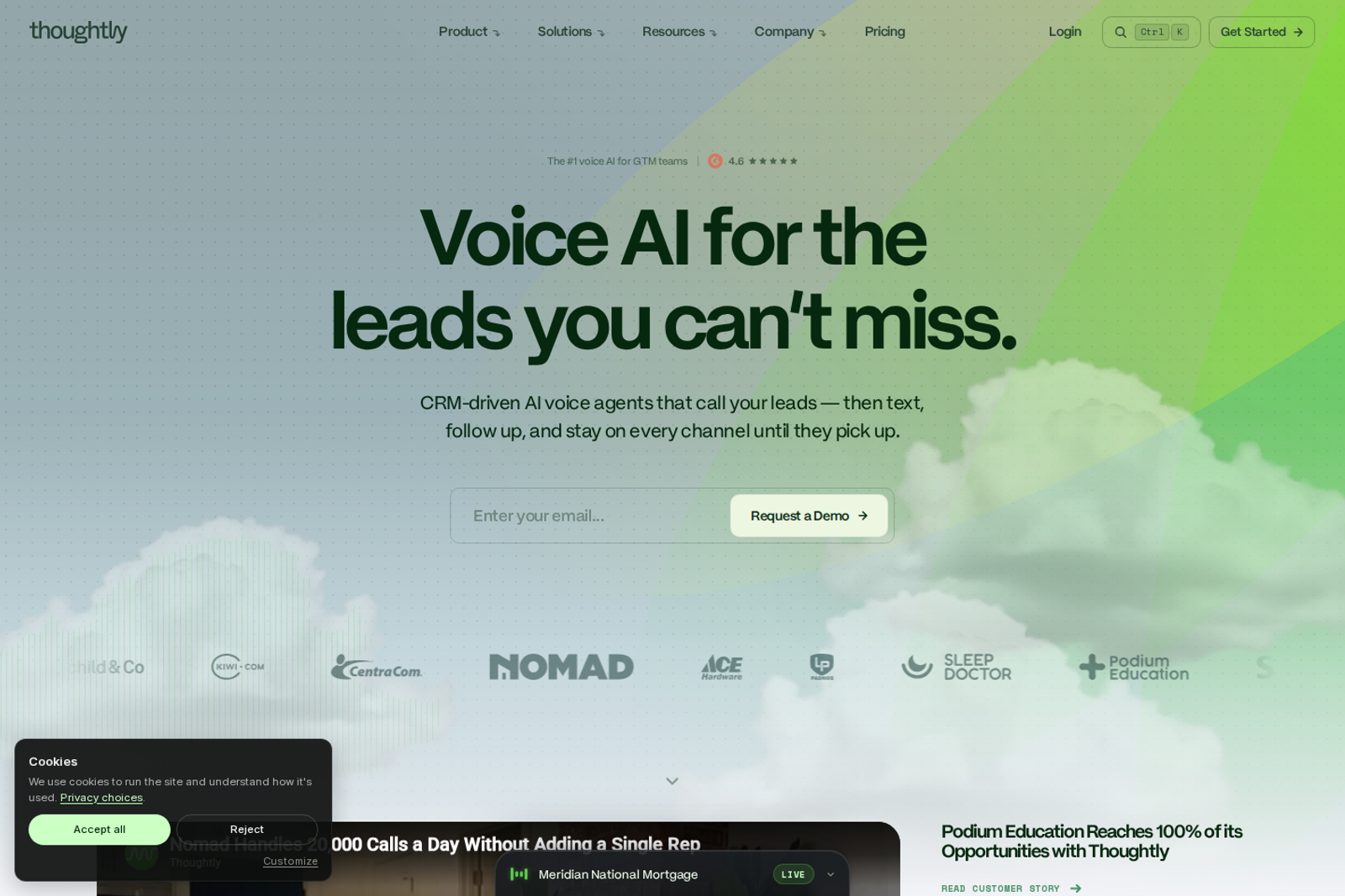 Screenshot of the Thoughtly landing page