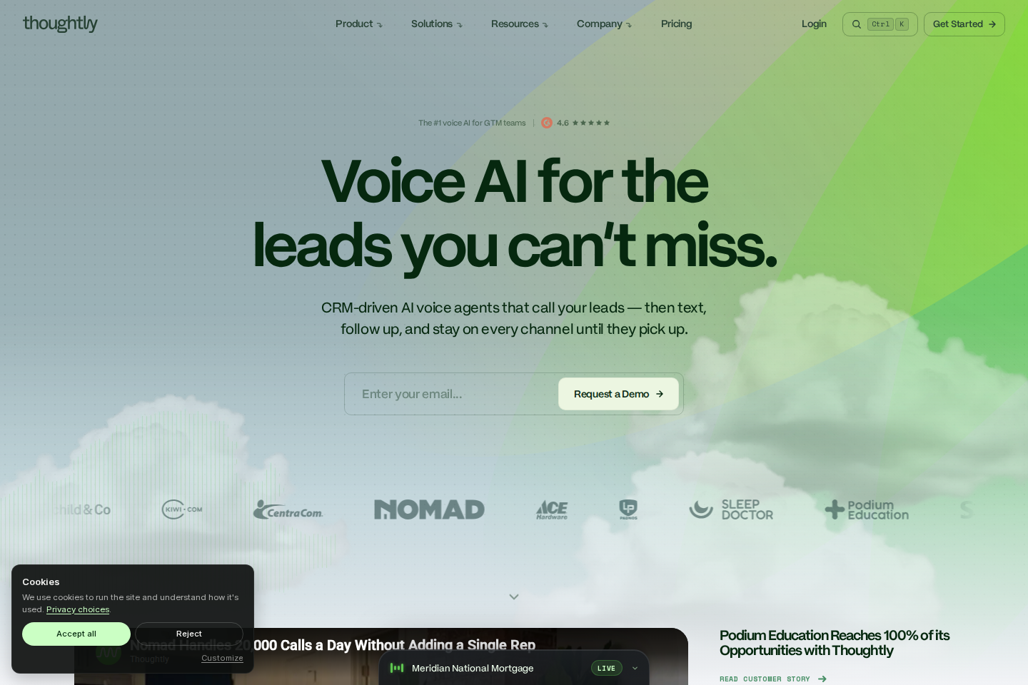 Screenshot of the Thoughtly landing page