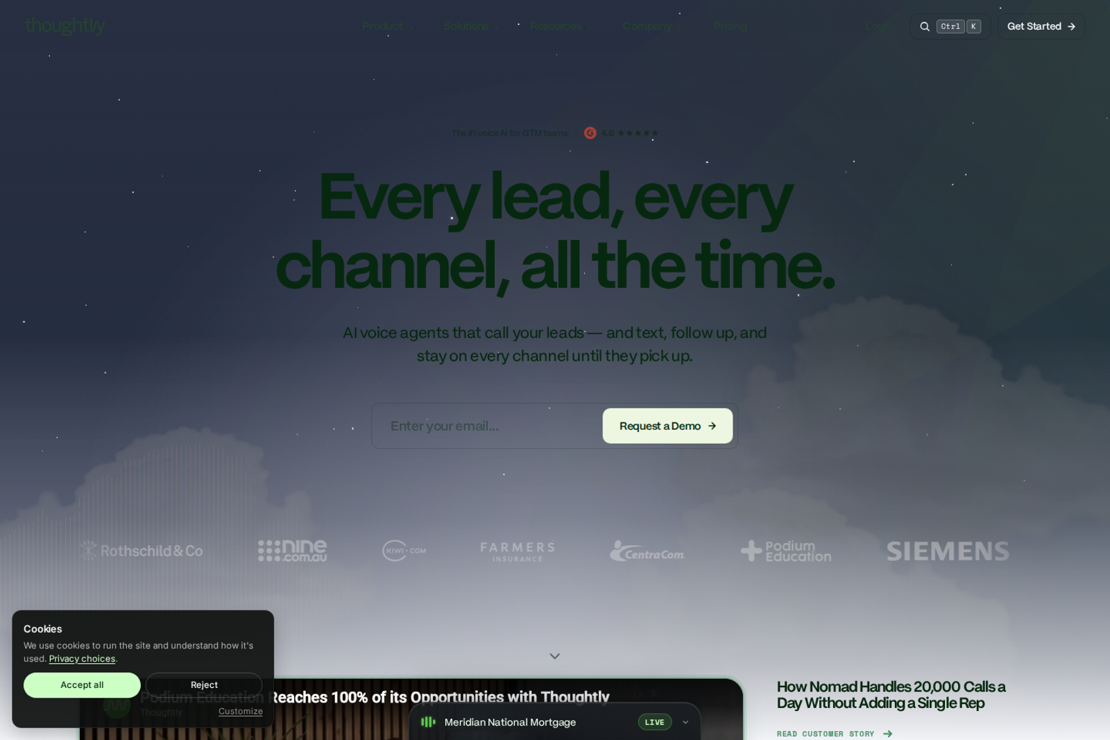 Screenshot of the Thoughtly landing page