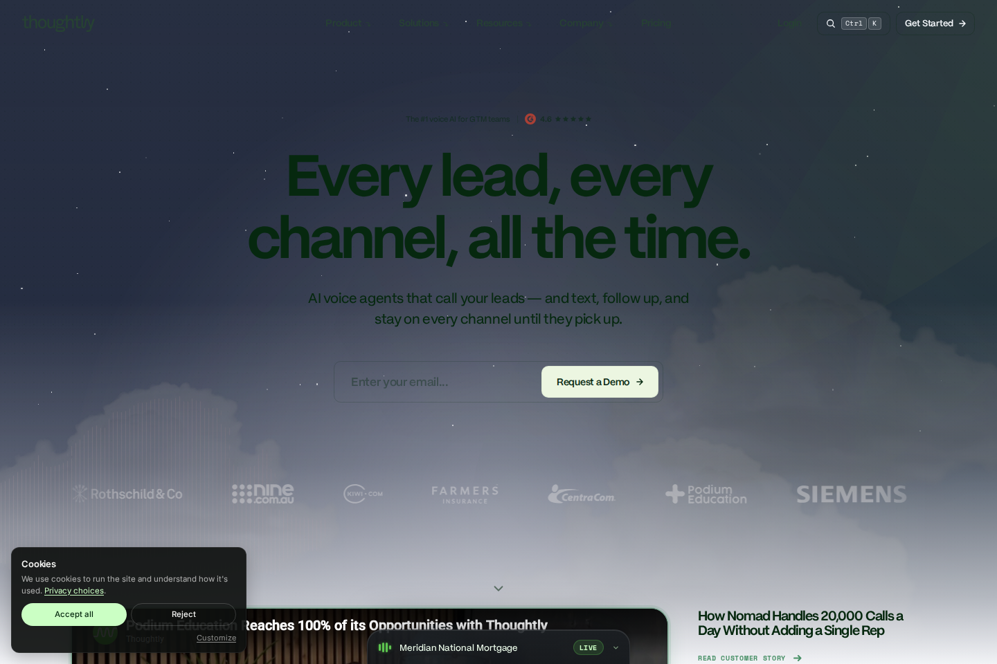 Screenshot of the Thoughtly landing page