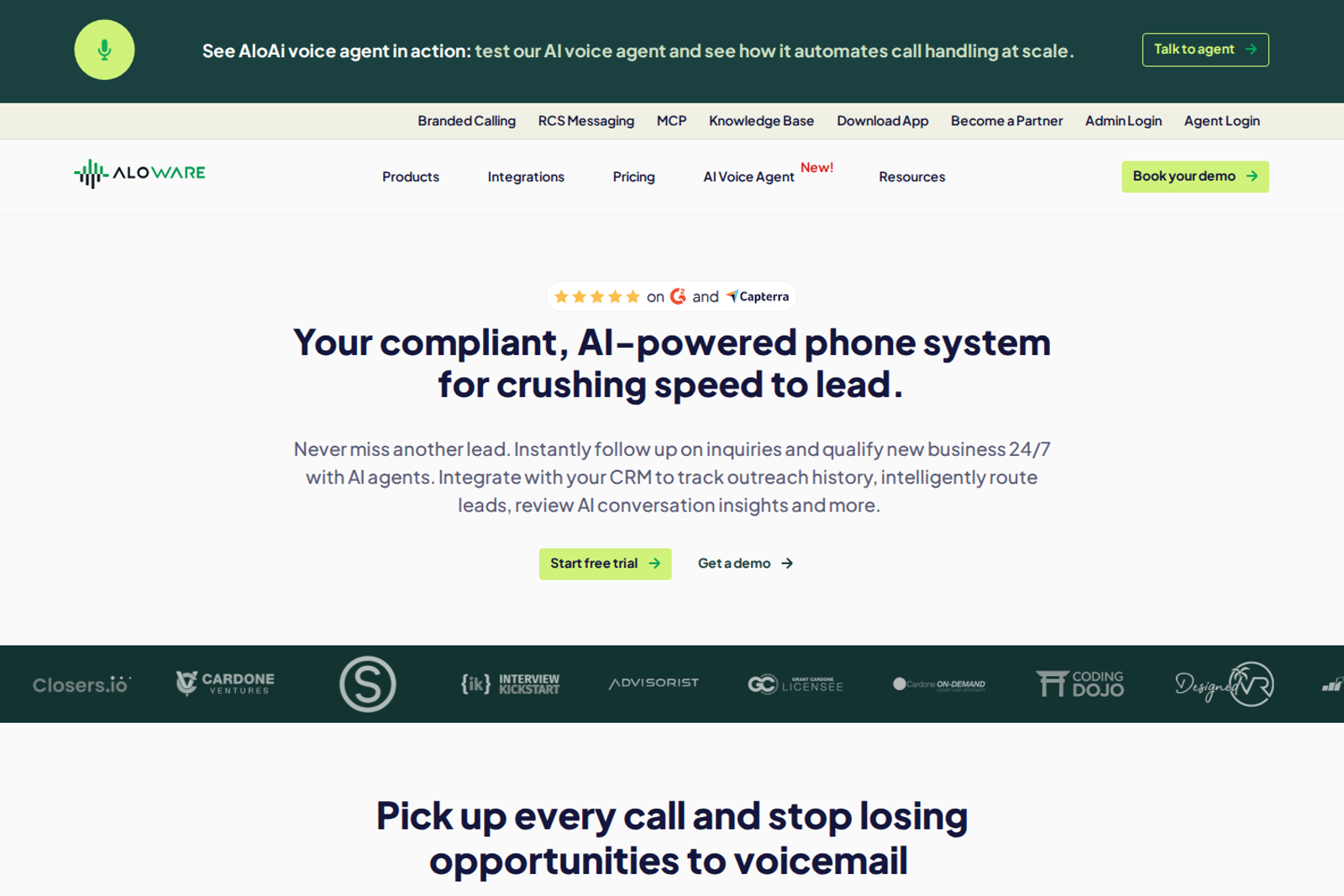 Screenshot of the Aloware landing page
