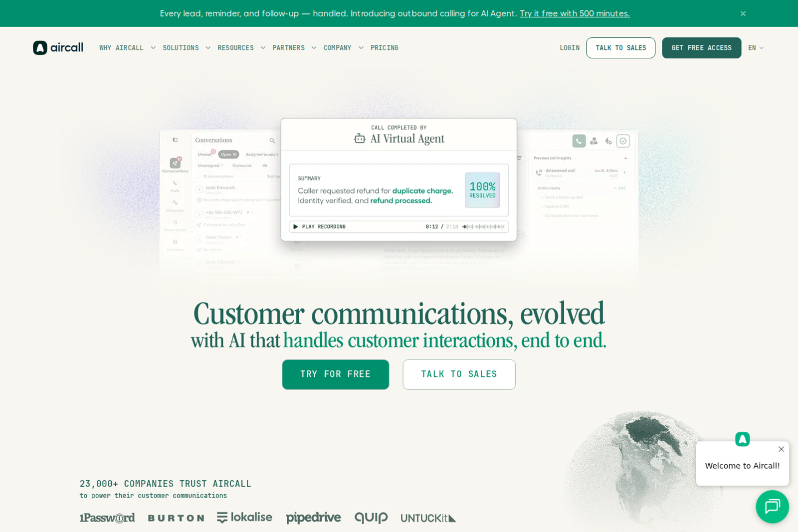 Screenshot of the Aircall homepage showing their cloud phone system