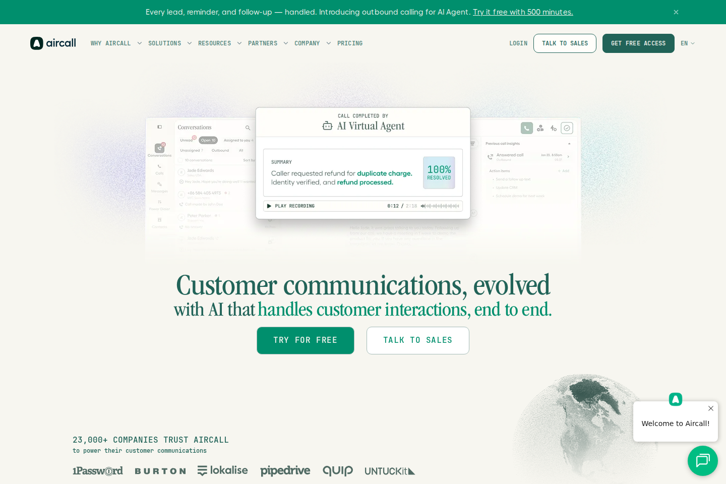 Screenshot of the Aircall homepage showing their cloud phone system