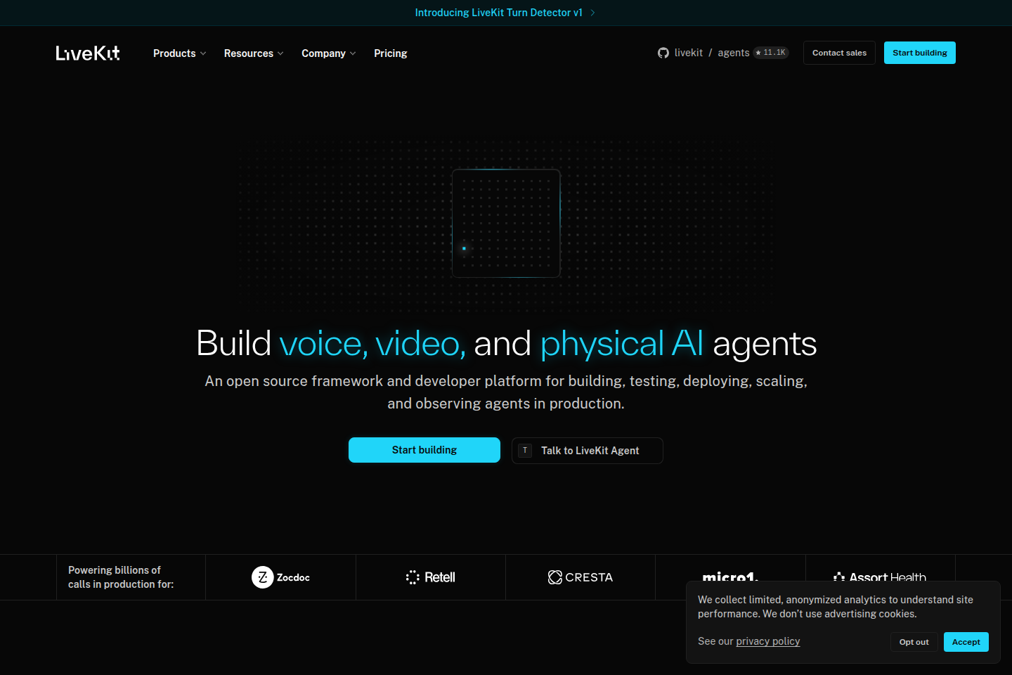 Screenshot of the LiveKit landing page