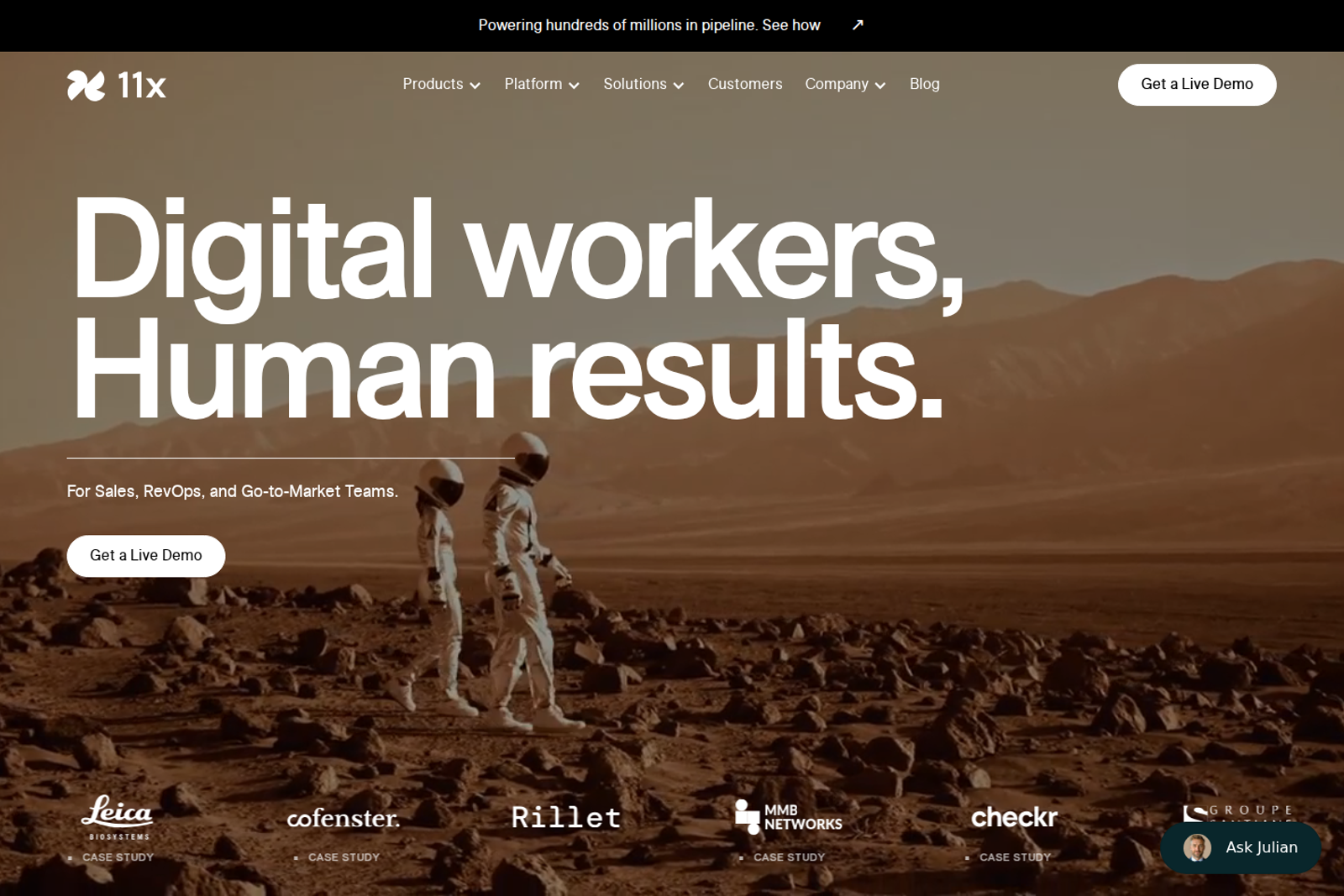 Screenshot of the 11x.ai homepage showing the hero section with digital worker branding