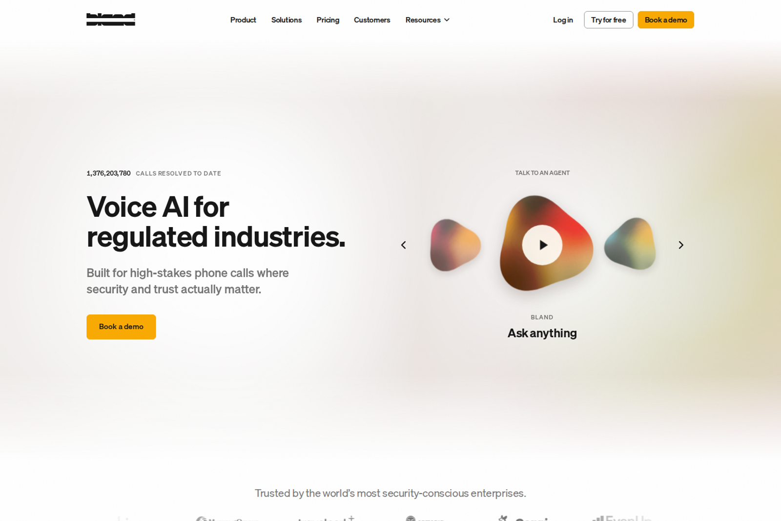 Screenshot of the Bland AI homepage in June 2026