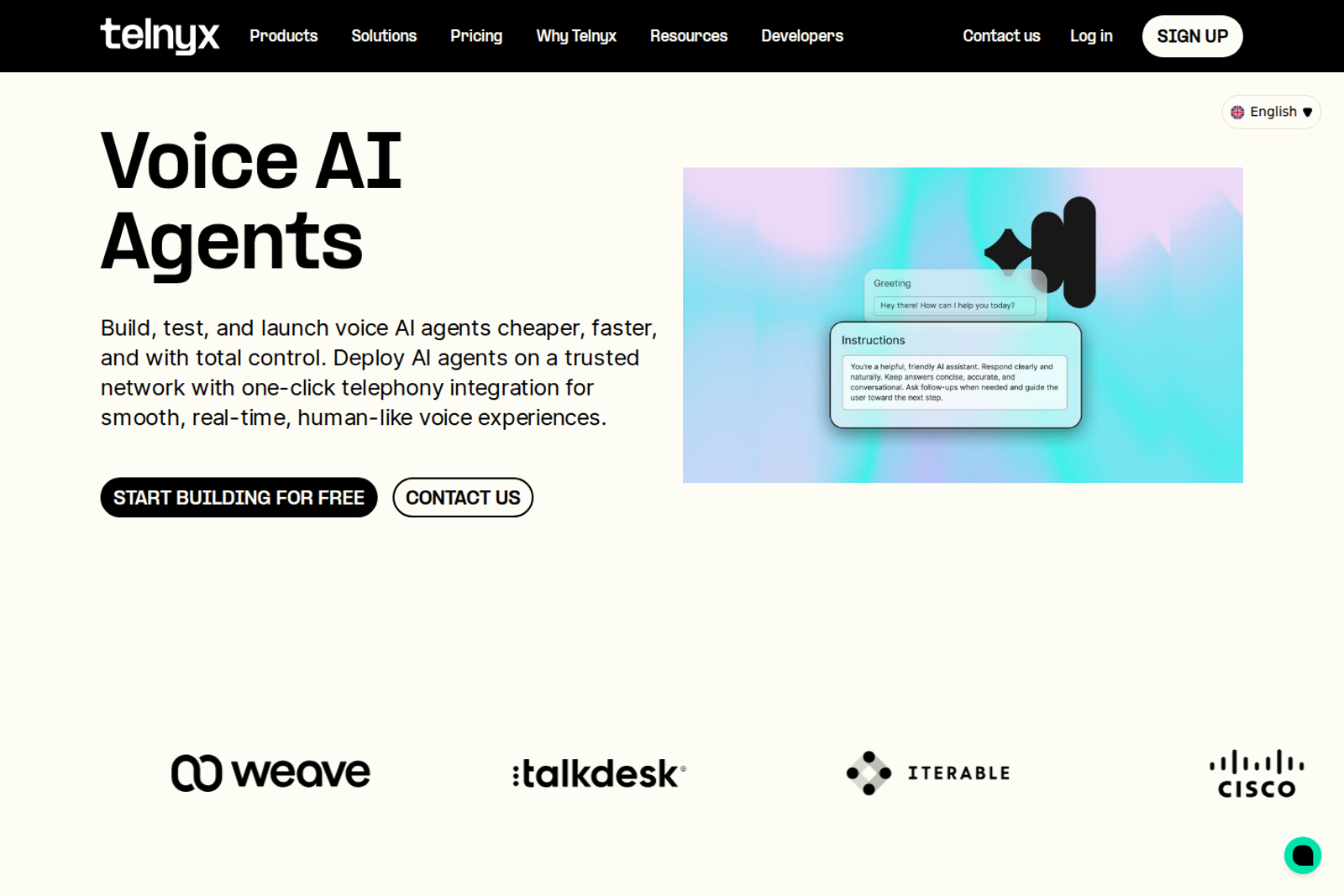Screenshot of the Telnyx voice AI page
