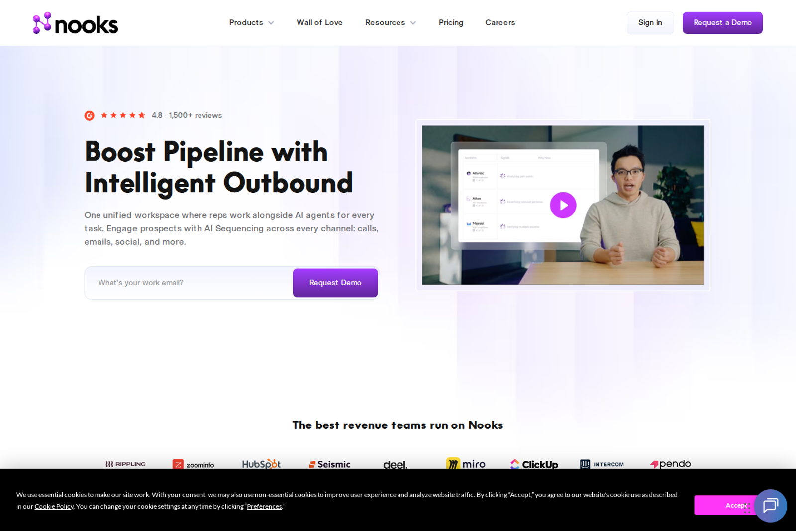Screenshot of the Nooks landing page