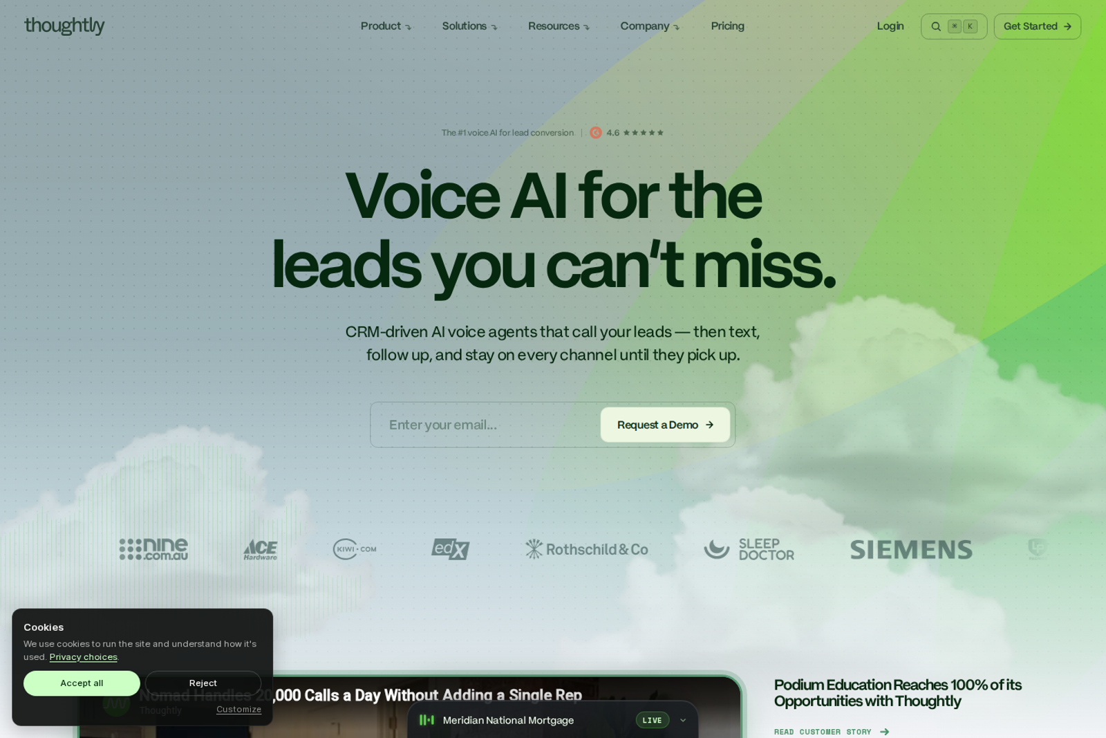 Screenshot of the Thoughtly landing page
