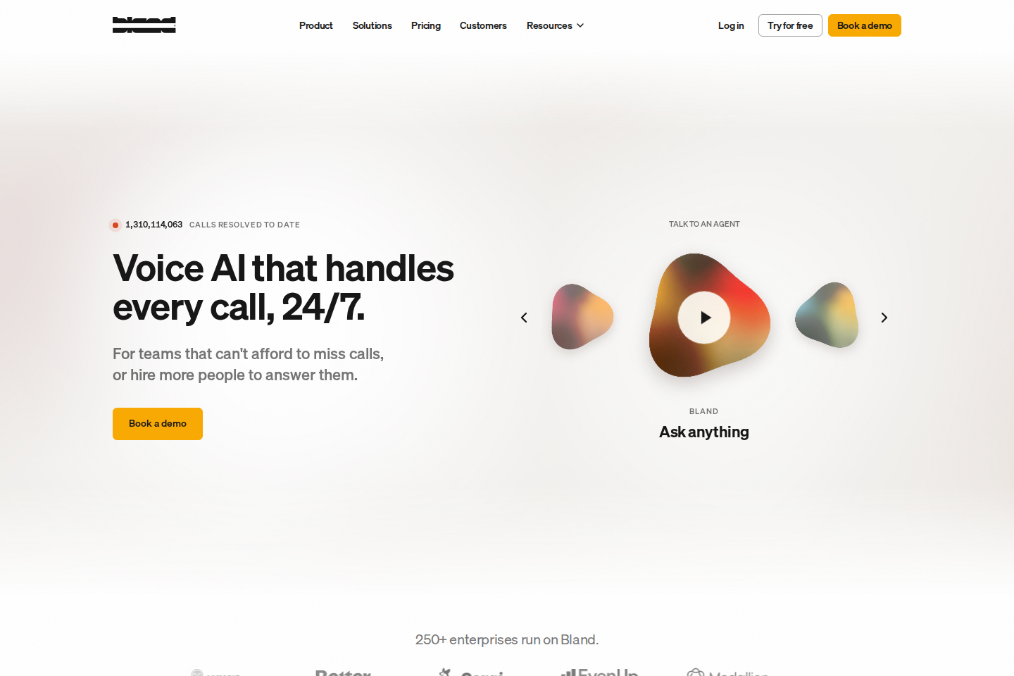 Screenshot of the Bland AI homepage showing its enterprise voice AI positioning