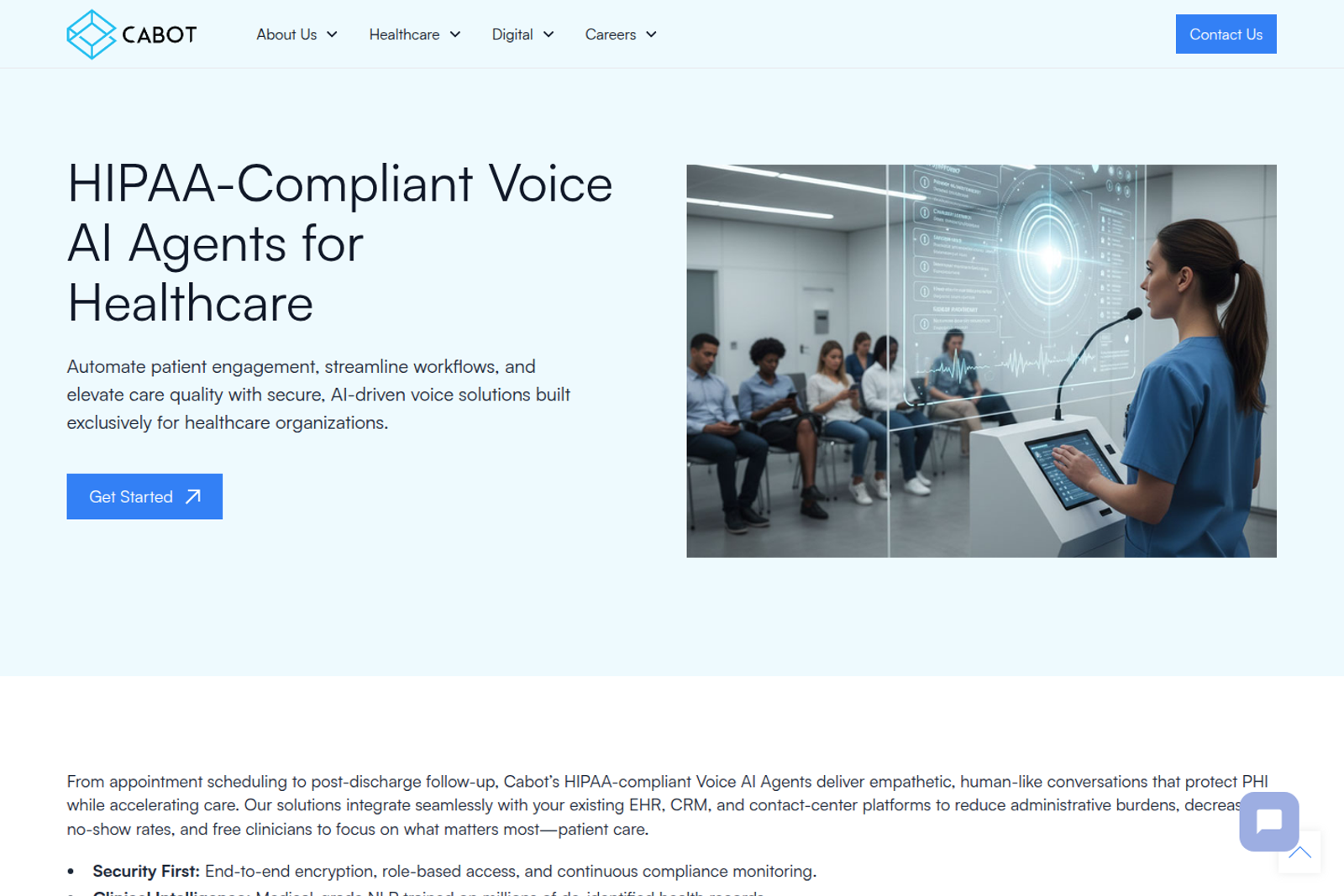 Screenshot of the Cabot HIPAA-compliant voice AI agents page