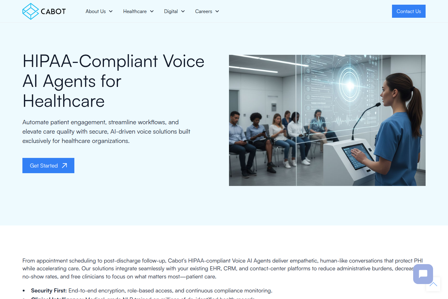 Screenshot of the Cabot HIPAA-compliant voice AI agents page