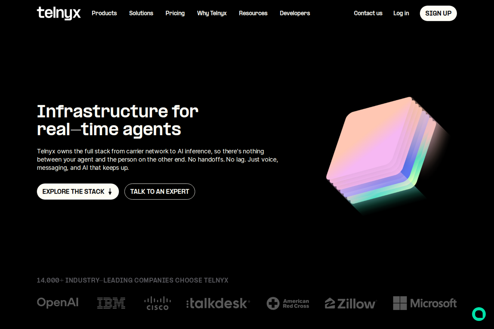 Screenshot of the Telnyx website — communications platform for voice, messaging, and networking