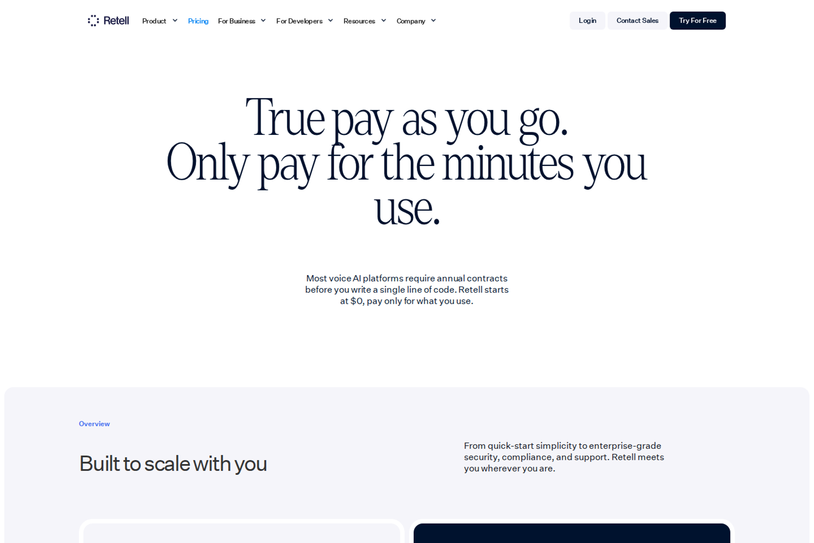 Screenshot of the Retell AI pricing page showing pay-as-you-go and enterprise plans