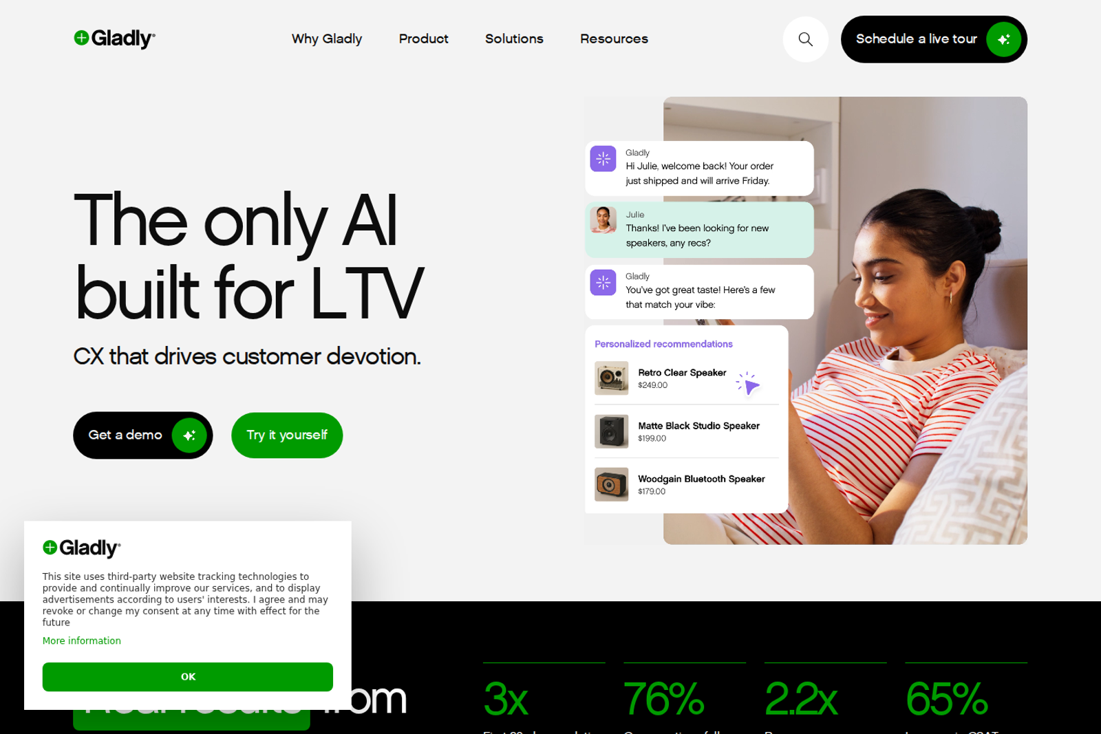Screenshot of the Gladly landing page