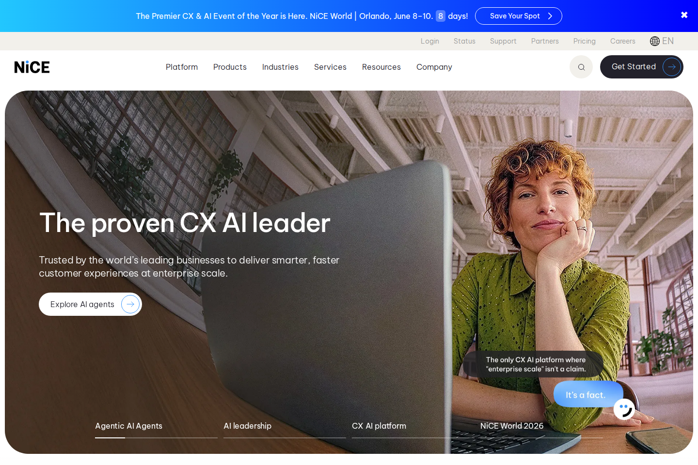 Screenshot of the NICE CXone homepage
