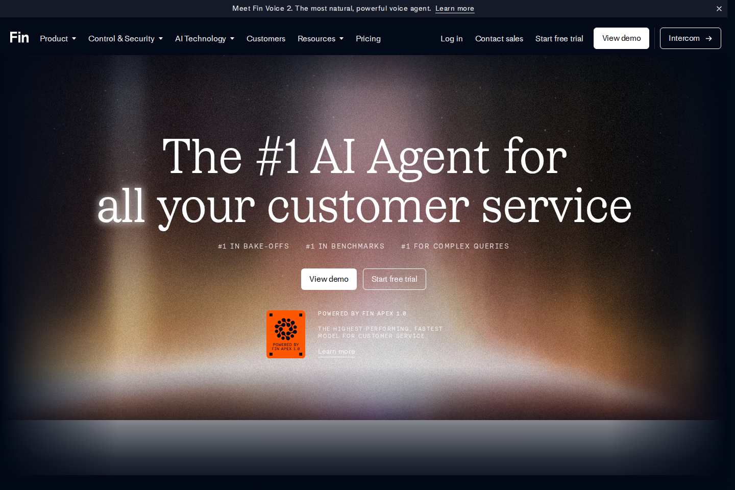 Screenshot of the Intercom Fin AI landing page