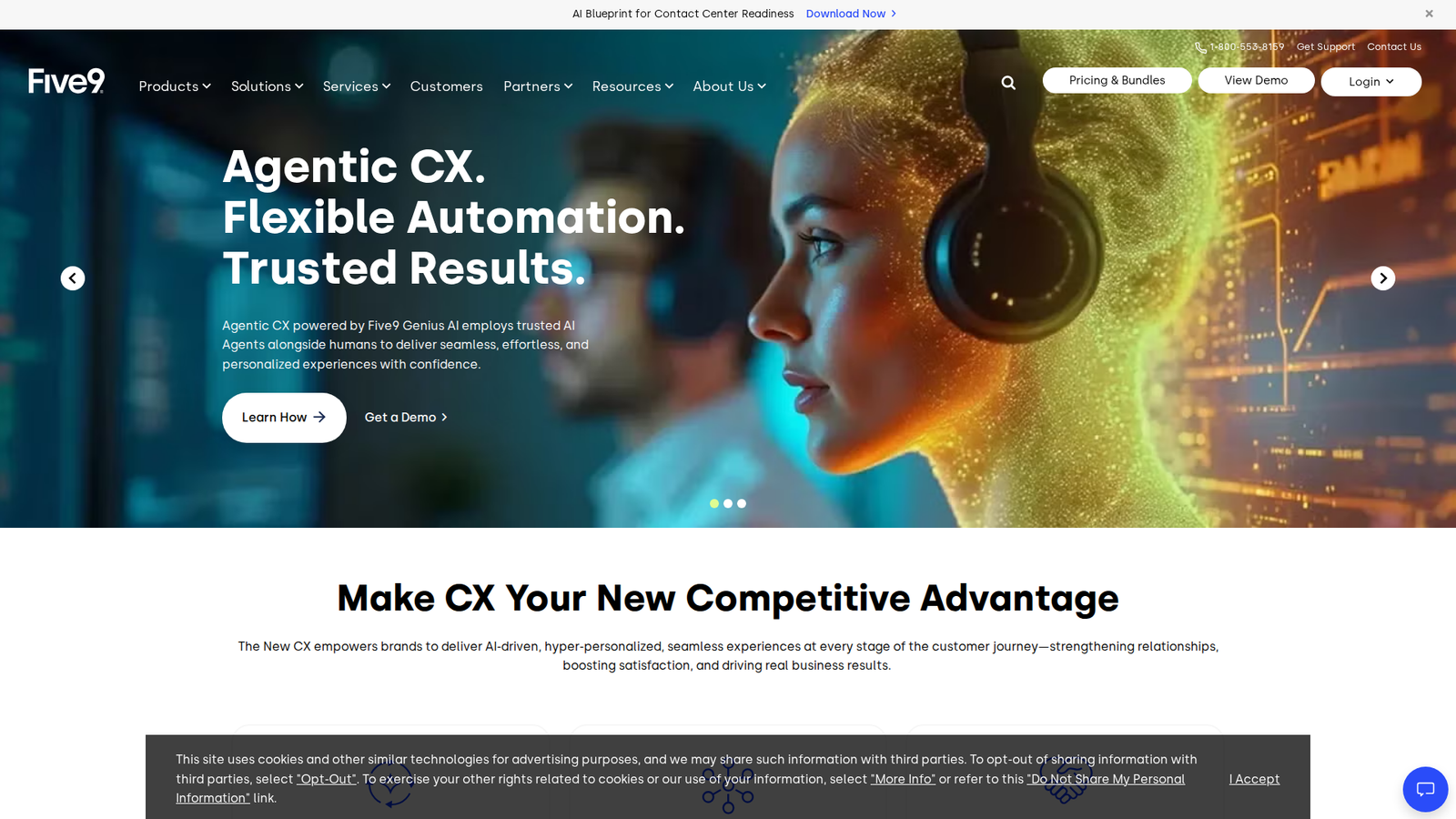 Screenshot of the Five9 website captured for this PolyAI alternatives article