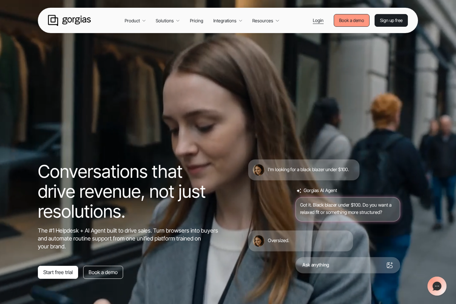 Screenshot of the Gorgias homepage showing their AI helpdesk and chat platform
