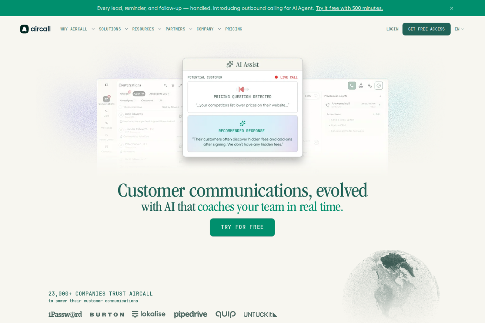 Screenshot of the Aircall landing page