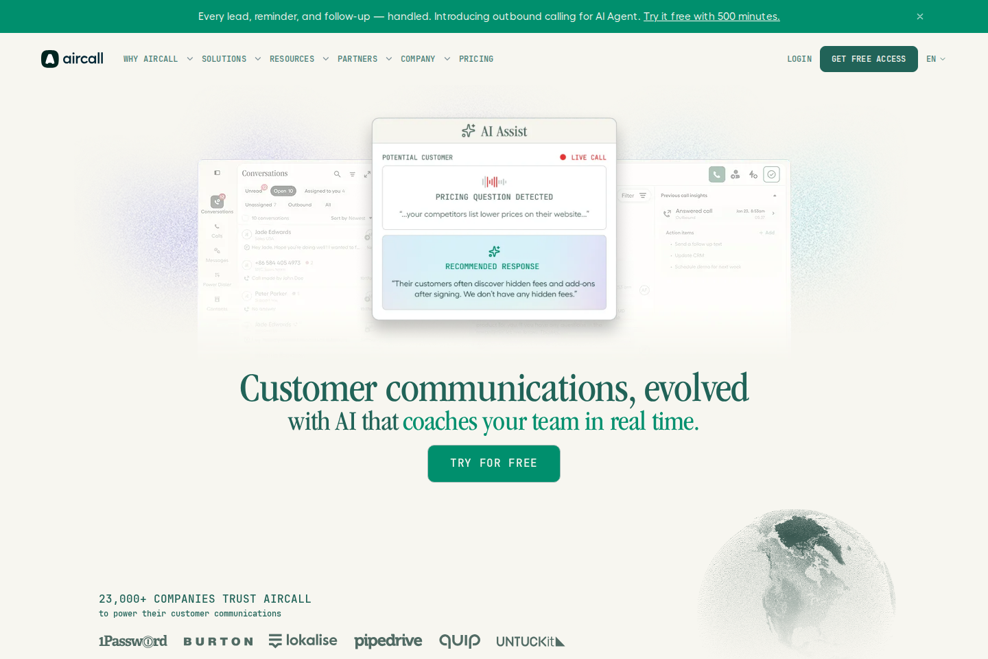Screenshot of the Aircall landing page