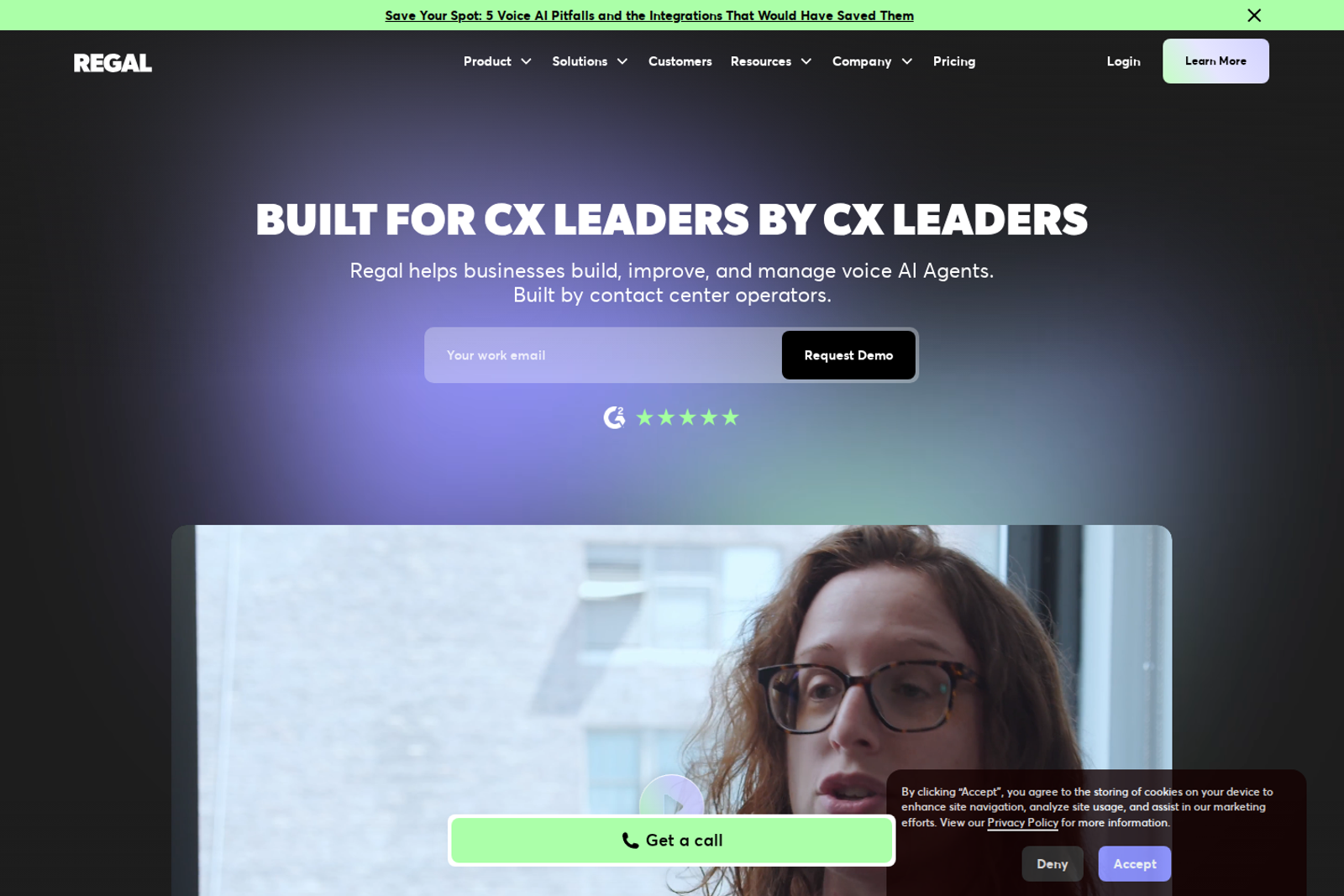 Screenshot of the Regal.io landing page showing revenue engagement platform for CX leaders